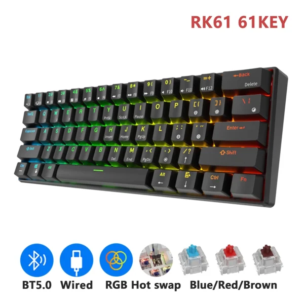 Good RK61 Bluetooth Wireless Mechanical Keyboard 60% RGB Dual Mode BT5.0/USB-C 61 Keys Mini Hot Swappable Gamer Keyboard